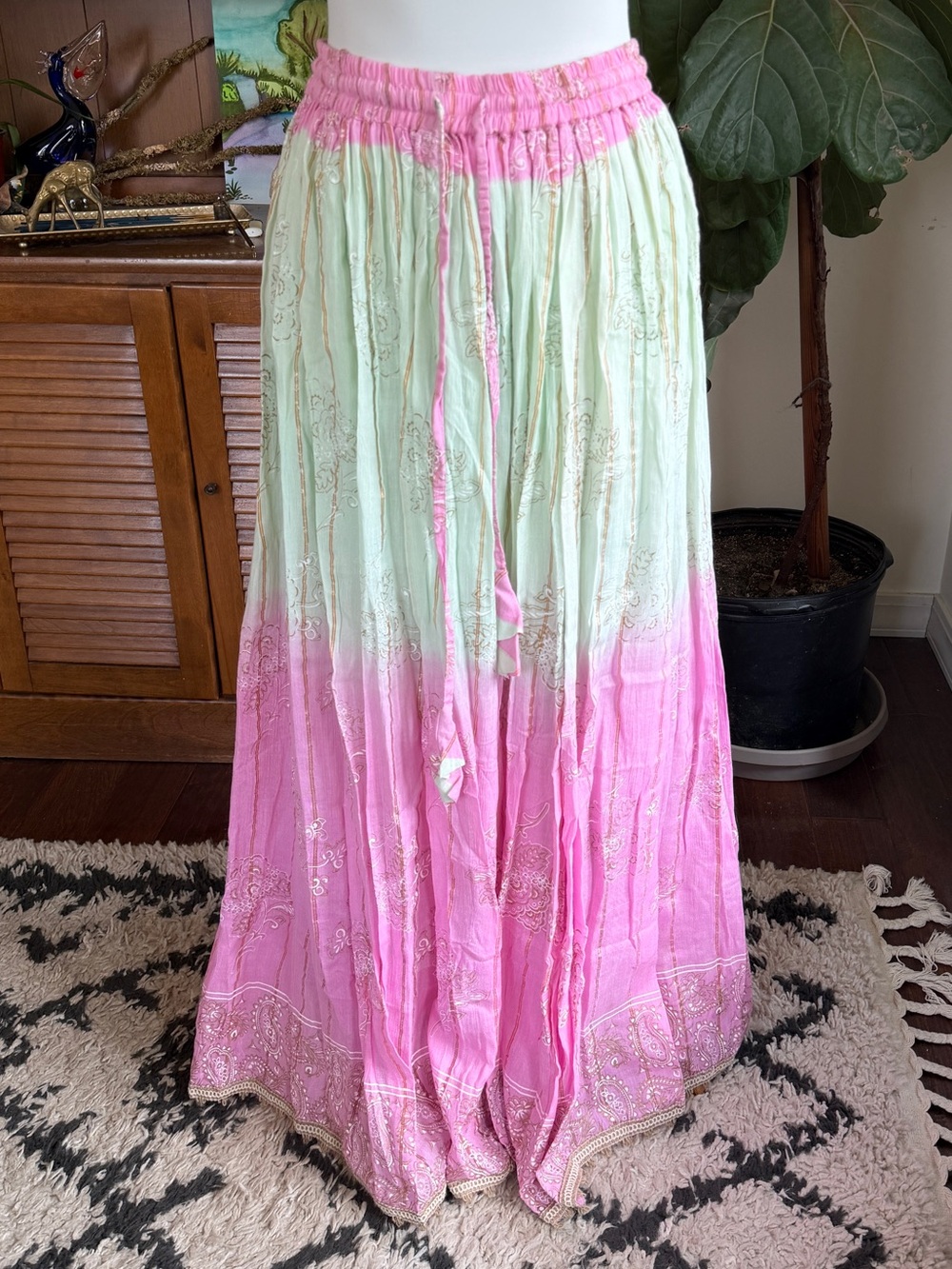 Ananta India Flowy Pink & Mint Ombre Maxi Embellished Skirt OS NWT